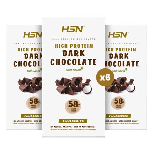 HSN Tableta Chocolate Negro Hiperproteico con Stevia Sin Azúcar | 6 Unidades de 100g | 52% Puro Cacao Belga + 22,6% Proteínas | Sin Aceite de Palma Sin Grasa Trans | No-GMO, Sin Gluten