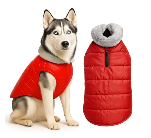 Image of The Pets Company Dog Winter Coat Jacket, Clothes, Windproof, Waterproof, Light Weight, Washable, Ultra Warm Thick Fleece Lined Dog Vest for Cold Weather Protection, (Red, Medium - Large - 22 Inch)