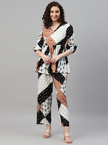 Image of DEEBACO Women's Patch Print Rayon Flared Tunic & Pants Co-Ord Set for Women V-Neck & 3 /4 Puff Sleeve Ladies Party Casual Wear Fashionable for Girls Relaxed Fit Cord Set (DBCOMR00000885 XS Multicolor)