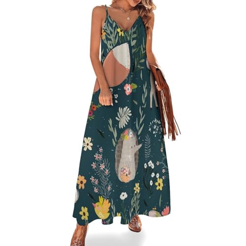Robe longue renard lapin hérisson sans manches au design bohème et imprimé animalier unique