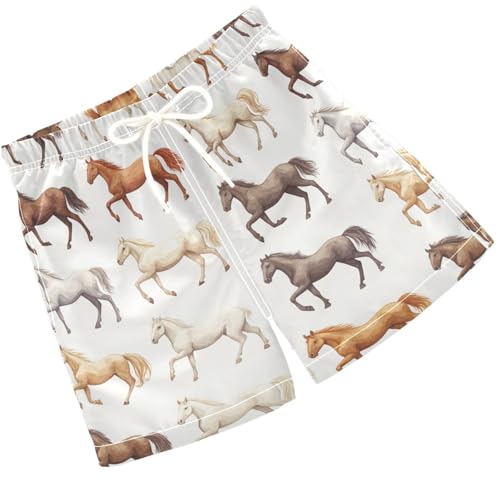 Pigsaly Boys' Swim Board Shorts Watercolor Cute White Black Brown Horses Boy's Swim Trunks Kids Swimwear 2T
