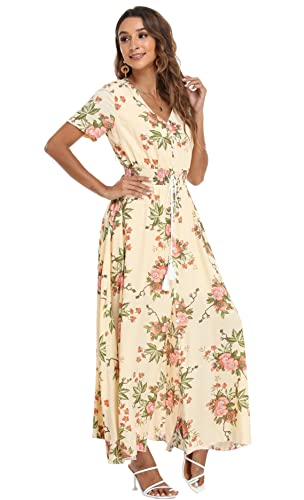 Image of VintageClothing Women's Floral Maxi Dresses Boho Button Up Split Summer Casual Long Dress Beach Party Dress