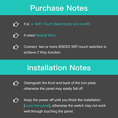 BSEED Smart Light Switch,Compatible with Alexa and Google Home,1 Gang WiFi Touch Switch,2 Way or Multi-Way Control by SmartLife APP,Black Alexa Switch with LED Indicator Light-Neutral Wire Need-2pack - Image 2