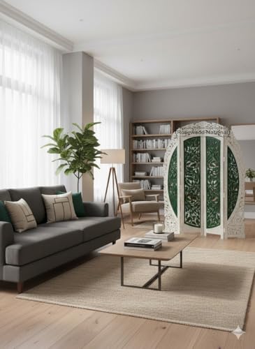 Image of Wooden Room Divider 6 Feet, 4-Panel Folding Wooden Partition for Living Room, Office, Pooja Room, Restaurant, Kitchen & Balcony (2W x 1.82H Meters). (White-Green)