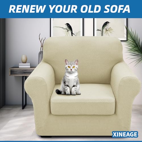 XINEAGE New 2 Pieces Chair Covers with Arms Super Stretch Chair Slipcover for Living Room Pet Dog Universal Slip Cover Anti Slip Armchair Furniture Protector (Light Beige), 31"-46"(1 Cushion)