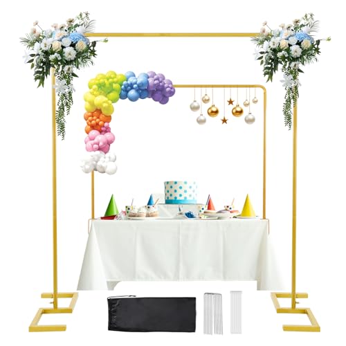 8.2FT x 8FT Backdrop Stand Heavy Duty with Base Gold Portable Adjustable Pipe and Drape Backdrop Stand Kit Over The Table Rod Stand with Clamps Square Metal Arch Party Frame for Birthday Decor