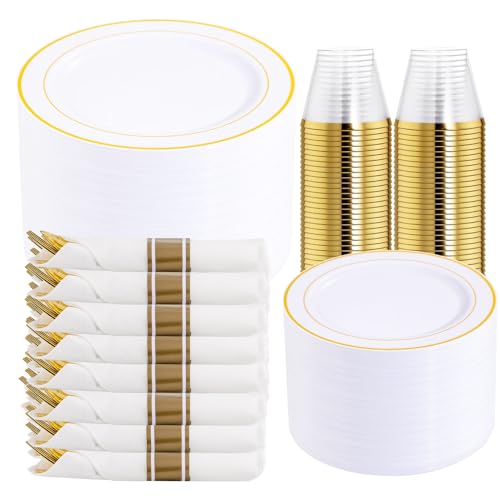 DaYammi 350PCS Gold Plastic Dinnerware Set for 50 Guests Fancy Disposable Plates for Party Include: 50 Dinner Plates 50 Dessert Plates 50 Pre Rolled Napkins with Gold Silverware 50 Cups