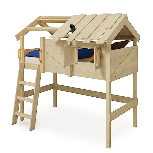 Wickey Kinderbett Hochbett Crazy Cove aus Massivholz, Hausbett mit Fenster & Dach für Kinder 90 x 200 cm, Etagenbett mit Spielzeugzubehör - individuell Gestaltbar