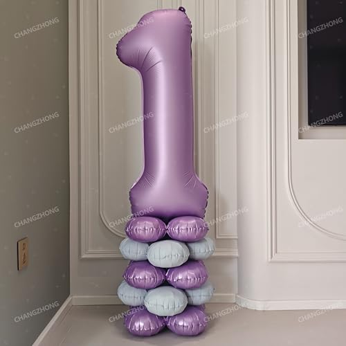 Image of 5pcs 18 In Number Balloon Base Decorated Purple White Birthday Decorations | Four-Wheeled Number Balloon Base Decorated In Lavender Purple And White, Birthday Party Decorations