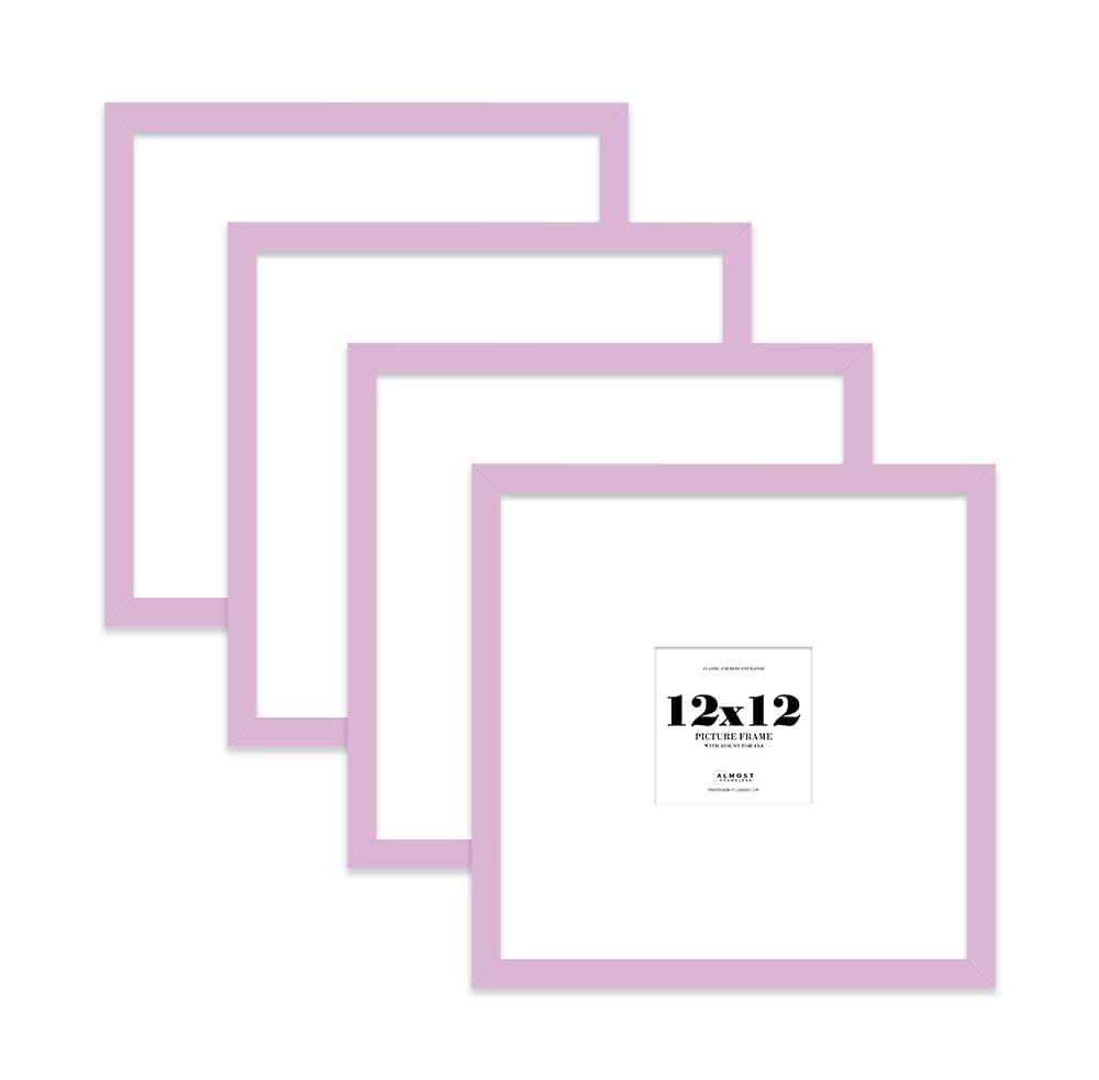 12x12 Lilac Picture Frame with Large Mount for 4x4 Photos, Prints - Modern Square Wall Frame, Set of 4