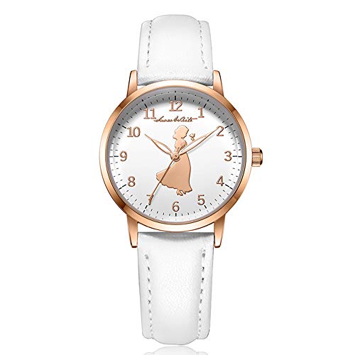 Preisvergleich Produktbild Mädchenuhren Karikatur Schneewittchen Prinzessin Leuchtend Arabische Ziffern Analog Quarzwerk Armbanduhren für Mädchen und Damen Leder Rosegold, Weiß
