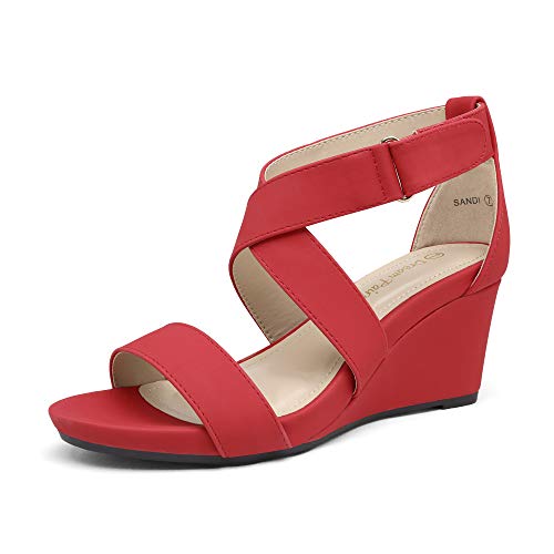 DREAM PAIRS Women s Sandi Ankle Strap Open Toe Wedges Sandal,Red, Size 8.5