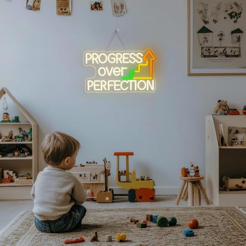 Image of Horseneon Progress Over Perfection Neon Sign Classroom LED Wall Decor for Students, Teachers & Study Areas, USB-Powered with Adjustable Brightness