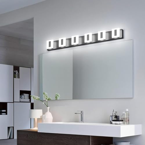 Image of 6 Light Black Modern Bathroom Vanity Light Fixtures Over Mirror Vanity Light for Bathroom Vanity Wall Lights Cool Light Modern Bathroom Vanity Wall Light Fixtures, 40 inch