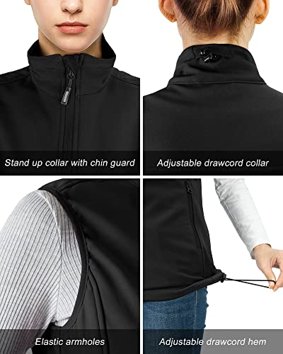 Outdoor Ventures Softshell Weste Damen Ärmellose Jacke Laufweste Leicht Winddicht Warm Fleeceweste Stehkragen Sport Golf Weste mit 4 Taschen für Wandern Camping Schwarz L