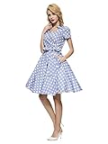 Maggie Tang 50s 60s Vintage Short Sleeves Rockabilly Party Wrap Dress Grey Blue