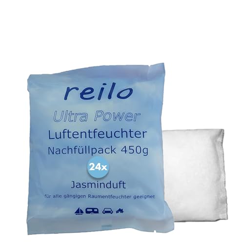 reilo 24x 450g Jasminduft Luftentfeuchter Granulat, Raumluftentfeuchter im Vliesbeutel, Nachfüllpacks für gängige Entfeuchterboxen, Lufttrockner für Wohnraum, Schlafzimmer, Keller