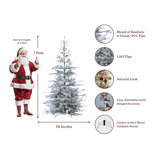 7ft Unlit Snow Flocked Christmas Tree - King Noble with Metal Stand for Indoor & Outdoor Holiday Decor