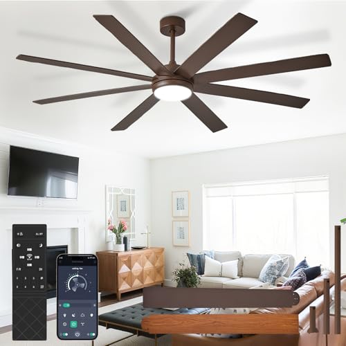 BvenuBigLite Large Ceiling Fan with Light: 66 Inch Indoor/Outdoor Fan Reversible DC Motor 6 Speed - Dual 8 Blades Big Ceiling Fans with Lights Dimmable 3CCT for Living Room Covered Patio, Brown