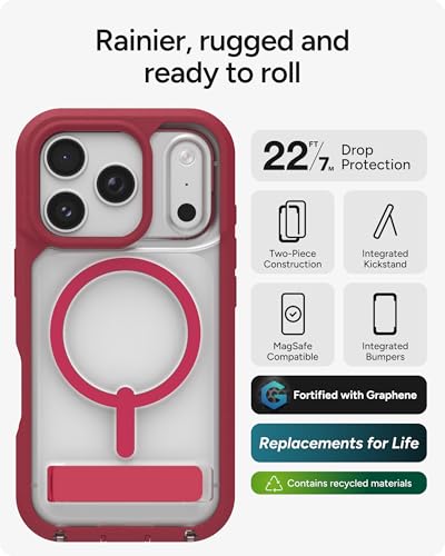 Image of ZAGG Rainier Case with Kickstand for iPhone 17 Pro - Red Black Cherry, Graphene 22ft (7m) Drop Protection, Lanyard Attach Points, MagSafe, Wireless Charging Compatible, 2-Piece Design, Phone Case