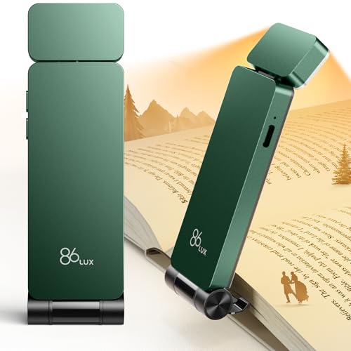 86lux Book Light, Rechargeable Reading Lights for Books in Bed, Ultralight Clip-on LED Bookmark Lamp with 3 Amber Colors & Stepless Dimming for Night Reading for Book Lovers, Kids,Hunter Green
