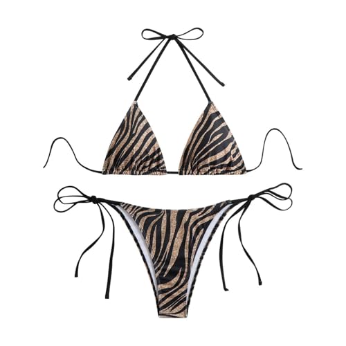 Triangle Bathing Suit for Women Sexy Zebra Print Cheeky Two Piece Bikini Set Halter String Tie Side Thong Swimsuit Coffee