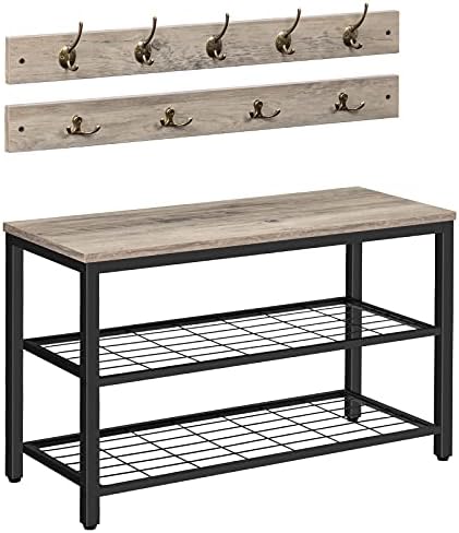 HOOBRO Coat Rack Shoe Bench Set, Entryway Hall Tree with Coat Hooks, Coat Hat Bag Hanging Organizer, Industrial Design, Easy Assembly, Greige and Black BG07MT01