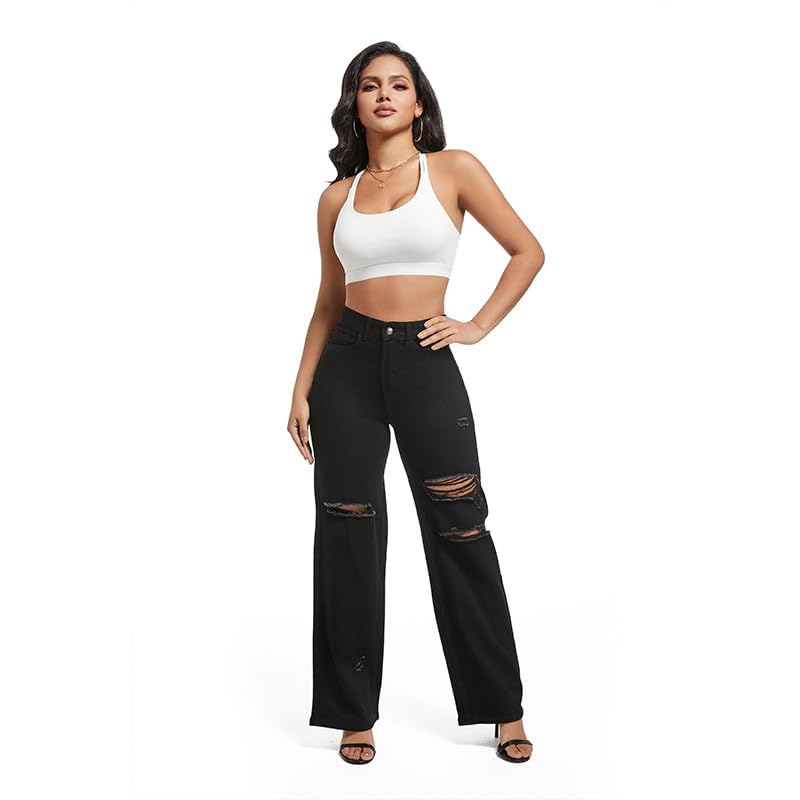 Women's Ripped Loose Wide-Leg Jeans High Waist Elastic Solid Color Casual Fashion Straight Trousers2