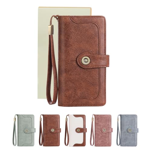Women Genuine Leather Wallet with 24 Card Slots and RFID Blocking Card Holder Double Zipper Pocket Leather Wallet Large (Brown)