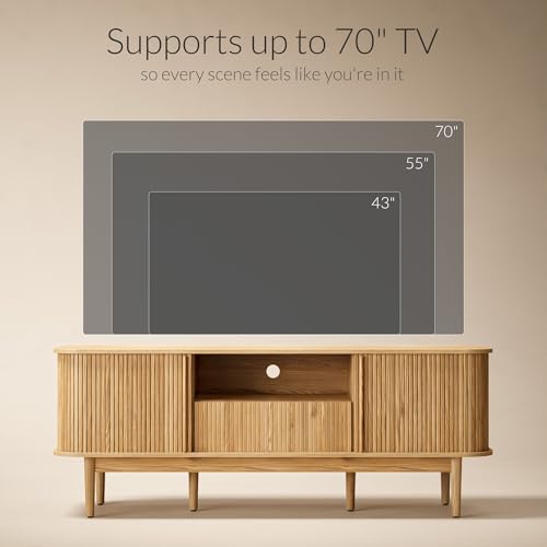 Image of Furniway Modern TV Stand for 45 /55 /70 inch TV, Entertainment Center with Sliding Doors and Storage, Wood TV Stand for Bedroom, Living Room, Natural