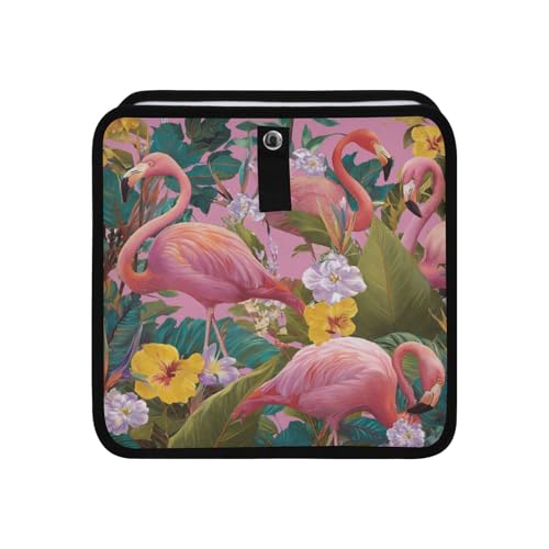 Image of Car Trash Can Organizer Bin with Adjustable Strap for Back Front Seat Console Waterproof Leakproof Collapsible Portable 8.66 Inch Pink Romantic Tropical Flamingo and Plants