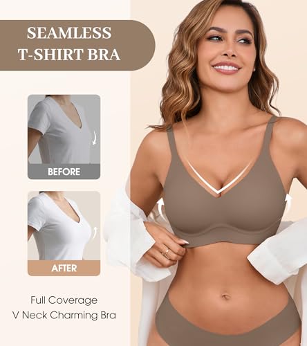 Image of DEANGELMON Seamless Bras for Women No Underwire Comfortable Push Up Bra V Neck Wireless Bralette Full Coverage Wire Free
