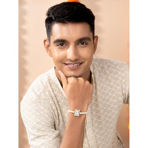 Image of Peora Rakhshabandhan Thread Rakhi for Brother Bhaiya | Kundan Beads & Crystal Studded | Combo Set of 2 | Rakhi Hamper Roli Chawal & Greeting Card