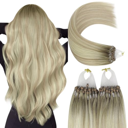 Image of YoungSee Micro Loop Hair Extensions Real Human Hair Blonde Bead Hair Extensions Human Hair Ash Blonde Ombre Platinum Blond Microbead Human Hair Extension Balayage for Adding Hair Length 22In 50s /57g