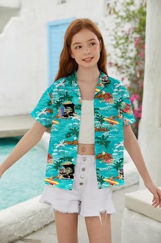 Image of SANGTREE Girls & Women's Hawaiian Shirts Button Down Short Sleeve Floral Tropical Shirt Beach Vacation Blouse Tops