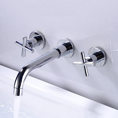 Mélangeur de lavabo de salle de bain mural noir avec robinet double croix pivotant