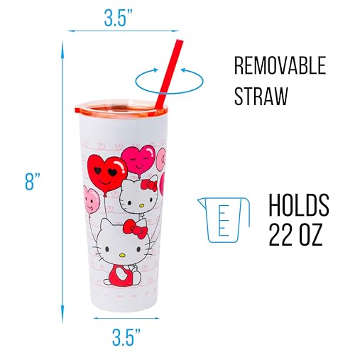 Image of Silver Buffalo Hello Kitty Heart Balloons Double Walled Stainless Steel Tumbler with Straw, 22 Ounces (Pack of 12)