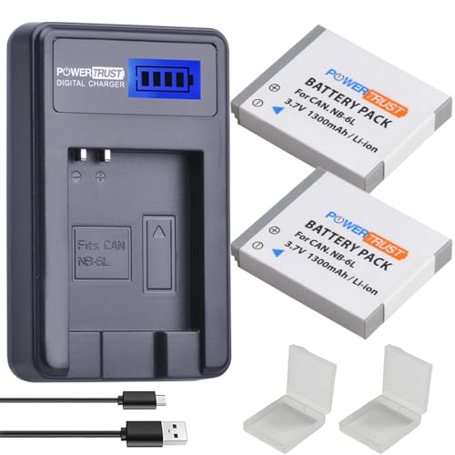 PowerTrust 2 Pack NB-6L NB-6LH Camera Battery and LCD USB Charger for Canon PowerShot SX170 is SX240 HS SX260 HS SX270 HS SX280 HS SX500 is SX510 HS SX520 HS SX530 HS SX600 HS SX610 HS