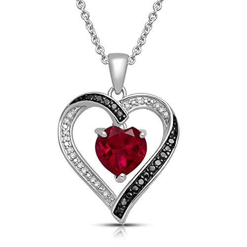 Jewelili Sterling Silver 8 MM Heart Created Ruby and 1 10 Cttw Treated Black and Natural White Round Diamond Pendant Necklace, 18 Rolo Chain