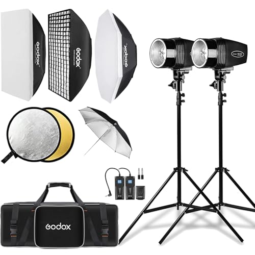Godox Studio Flash Light Kit for Photography, Strobe Softbox Lighting Kit, 2x180W Daylight Compact Monolight with Flash Trigger, Softbox, Light Stands, Reflector Storage Bag, Umbrella, AC 110V Powered