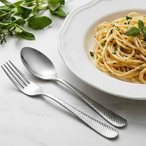 Image of Dinner Spoon Set of 5 ? 8.1 inch Sterling Silver Finish Tablespoons with Checks Printed Handle, Durable Stainless Steel & Dishwasher Safe Silverware for Home, Restaurant, and Gifting