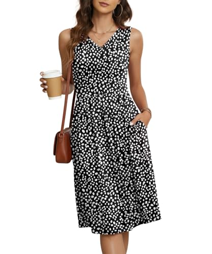 Image of NILOUFO Sleeveless Dress for Women Summer Knee Length Sundress with Pockets | Sundresses for Women Tank Empire Waist Sun Dress Cold Shoulder Casual V Neck Midi Dress Flowy Summer Dresses for Women