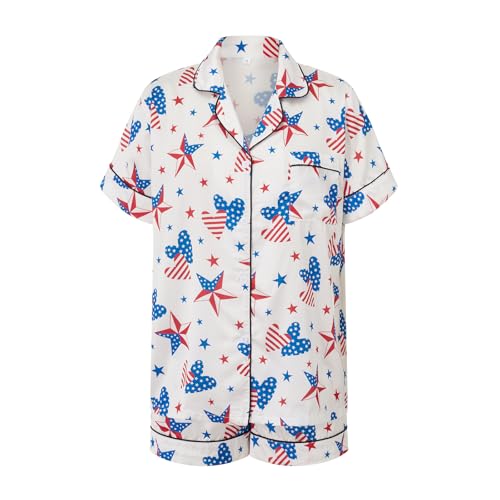 Image of Piacakece 4th of July Women Outfit Short Sleeve Button Shirt Matching Shorts Satin Pajama Sets Women July Fourth Clothes