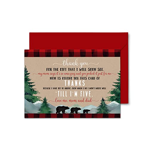 Lumberjack Baby Shower Thank You Cards (15 Pack) Prefilled Note From Boy – Individual Notecards With Envelopes – Say Thanks For Babies Registry Gifts – Red And Black Theme Bear – 4X6 Blank Set #TOP18