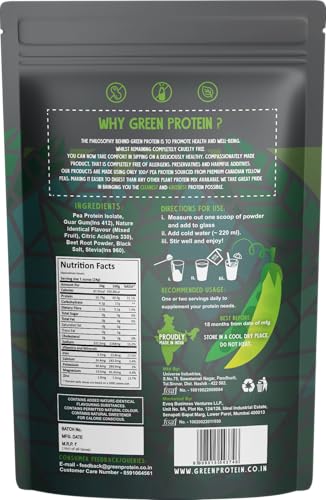 Image of GREEN PROTEIN Protein Isolate Powder, Plant Protein, No Added Sugar, 100% Vegan, Soy Free, Dairy Free, Gluten Free, Allergen Free, 15g Protein Per Serving, Pouch (500g) (Mixed Fruit (500g))