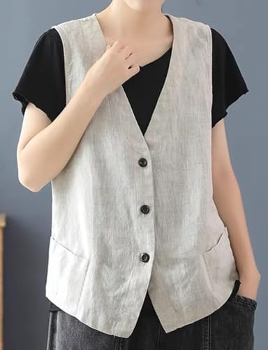 IDEALSANXUN Womens Cotton Linen Vest Casual Sleeveless Blazer Cardigans Lightweight Jacket Waistcoat2