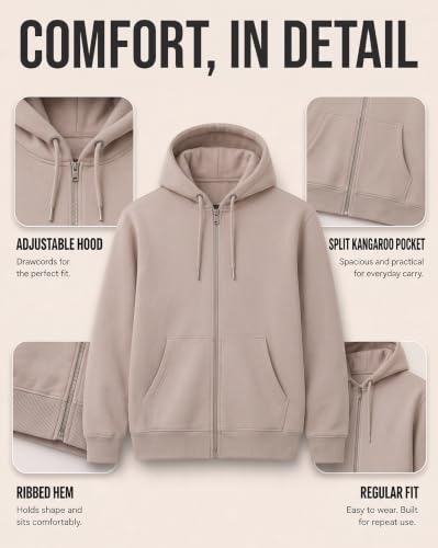 Image of Nobero Classic Zipper Hoodie for Men | Zip Up Hoodies for Men | Regular Fit | Full Zip Closure | Drawstring Hood | Zipped Hooded Sweatshirt | Cotton Rich Zipper Fleece Hoodie