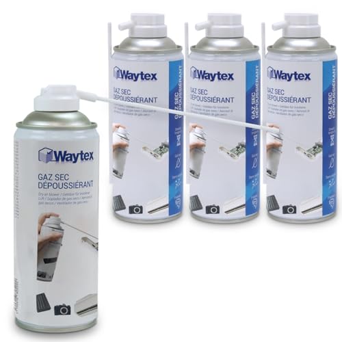 Waytex Lot de 4 Dépoussiérants Spray Air sec 400ml Ultra Puissant 5 bars, Bombes d’Air Comprimé Nettoyant pour PC, Clavier, Appareil Photo et Composants électroniques, avec buse précision