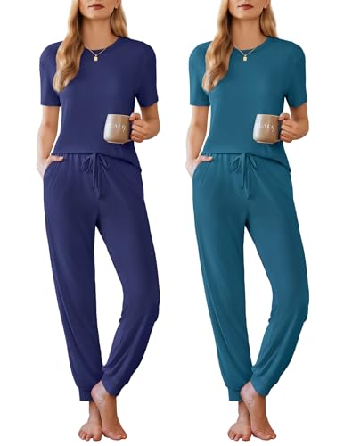 Image of Ekouaer Pajamas for Women Set 2 Pack Lounge Set Short Sleeve Pjs Joggers Long Pants Loungepwear with Pockets
