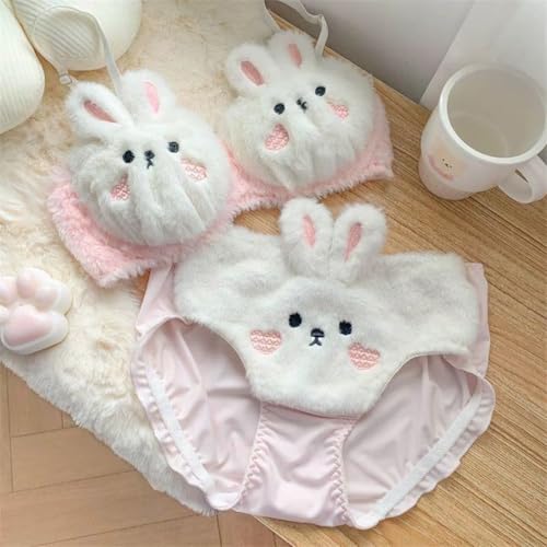 Image of Premium Cute Bunny Plush Bra & Panty Lingerie Set for Women - Imported Soft Fuzzy Rabbit Cartoon Innerwear, Sexy Cozy Teddy Fur Bunny Cosplay Lingerie for Honeymoon Romantic Date